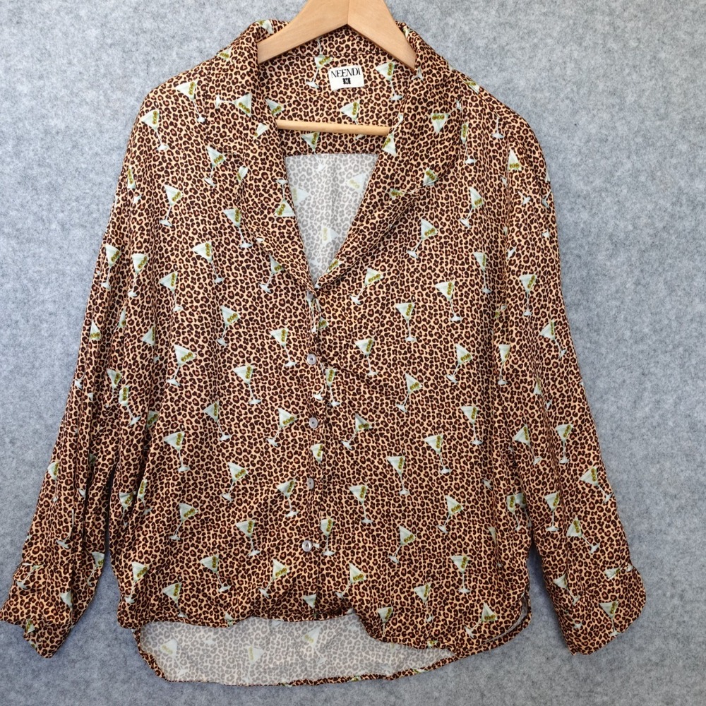 Leopard Button Front Shirt Womens MEDIUM Brown Martini Glass NEENDI Pajama Top